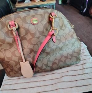 Coach Signature Tan and Pink Shoulder Bag
